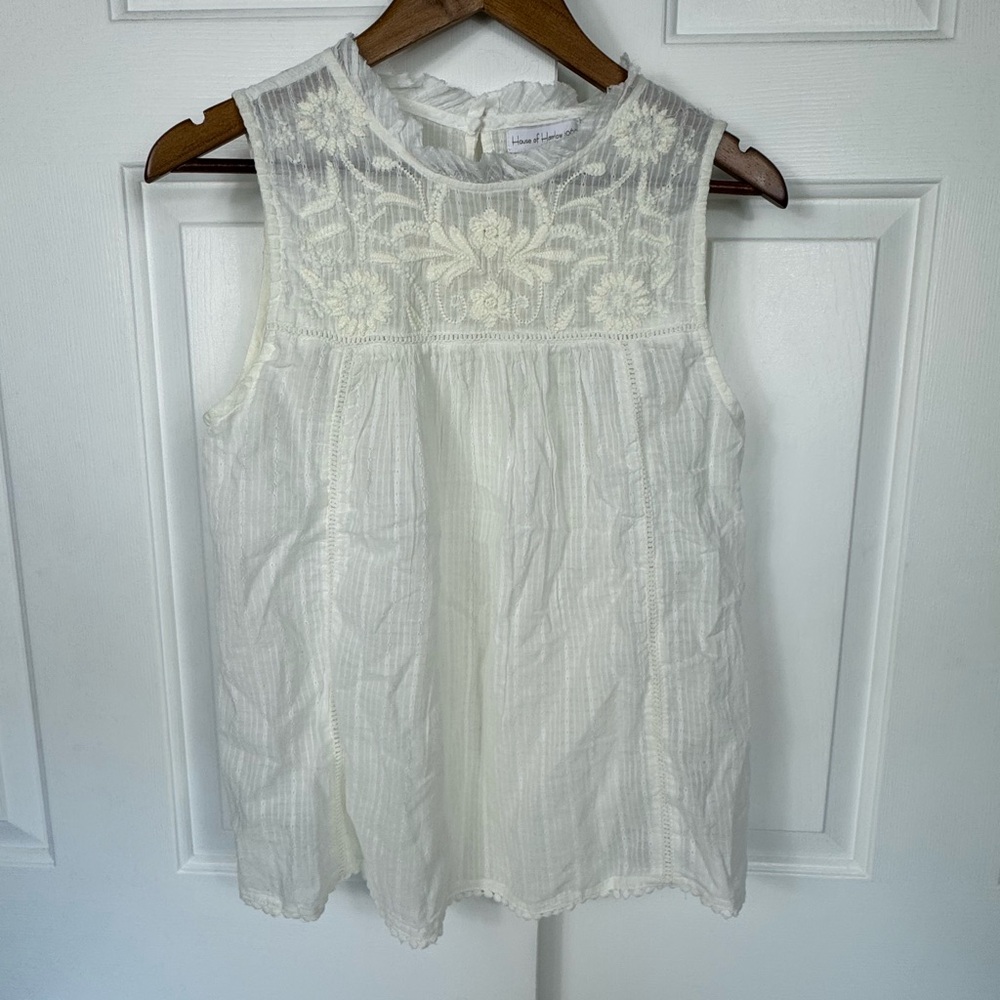 House of Harlow 1960 Size M‎ Ivory Cotton Gauzy Embroidered Tank Top High Neck